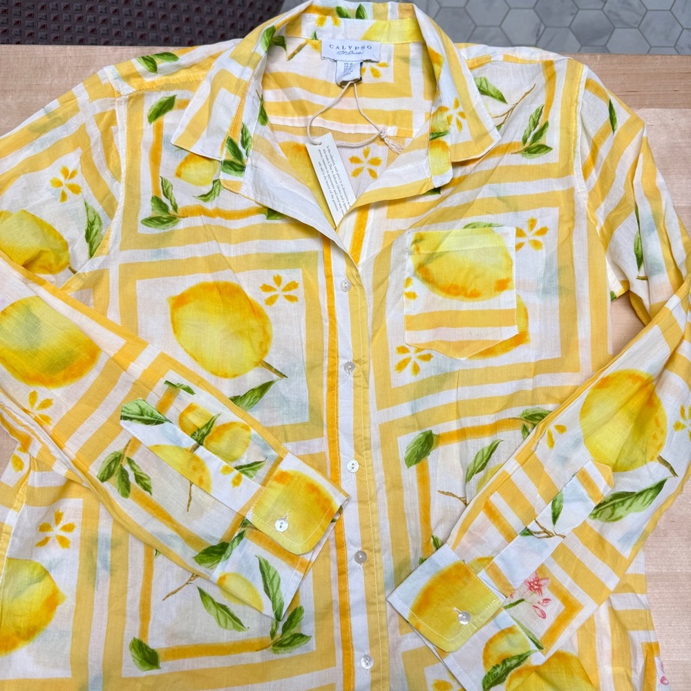 Calypso St. Barth Yellow and Green Lemon Print Button Down Shirt